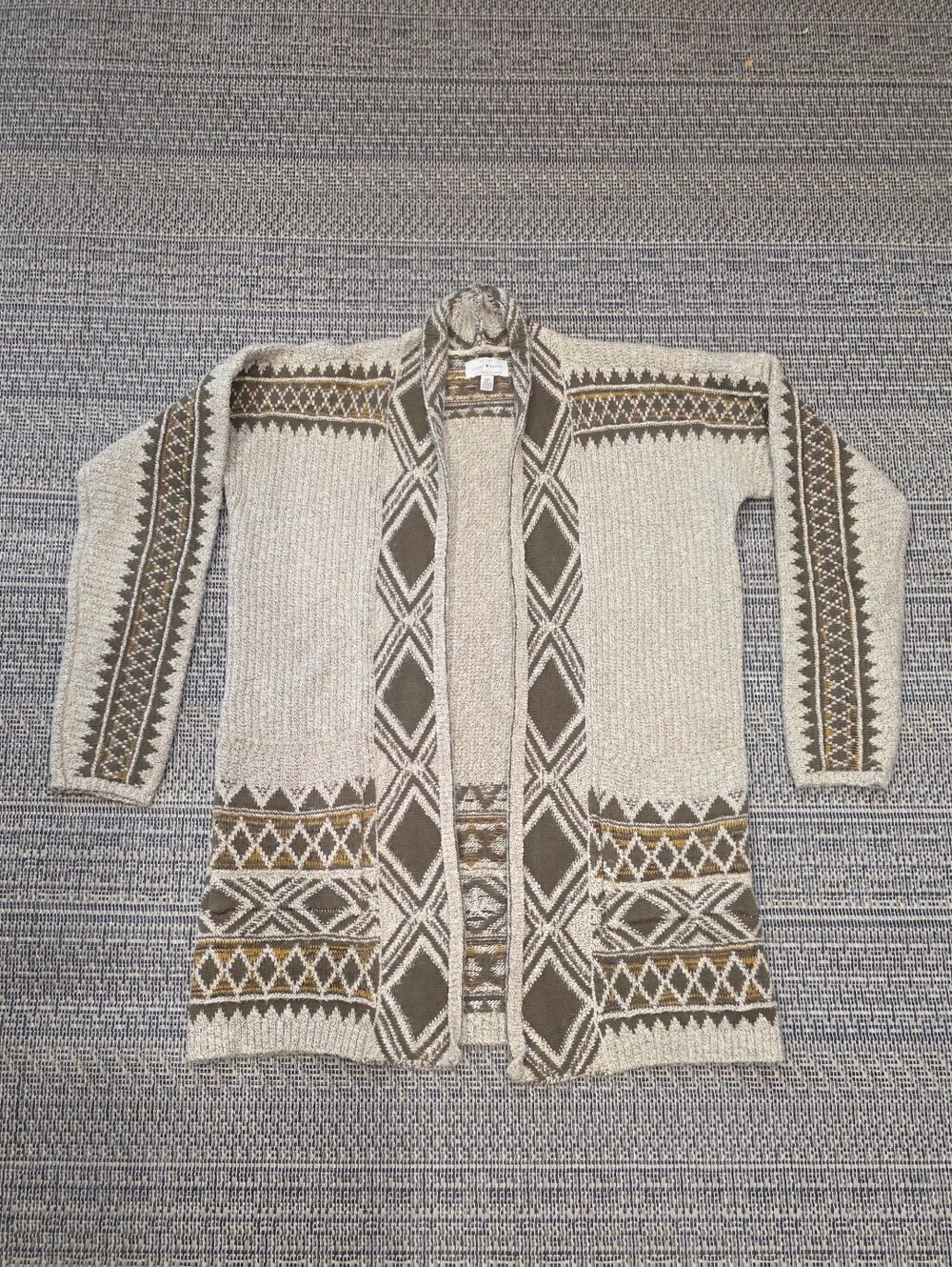 Lucky Brand Cardigan Sweater Taupe Olive Long Sleeved Tribal Aztec Women's Small